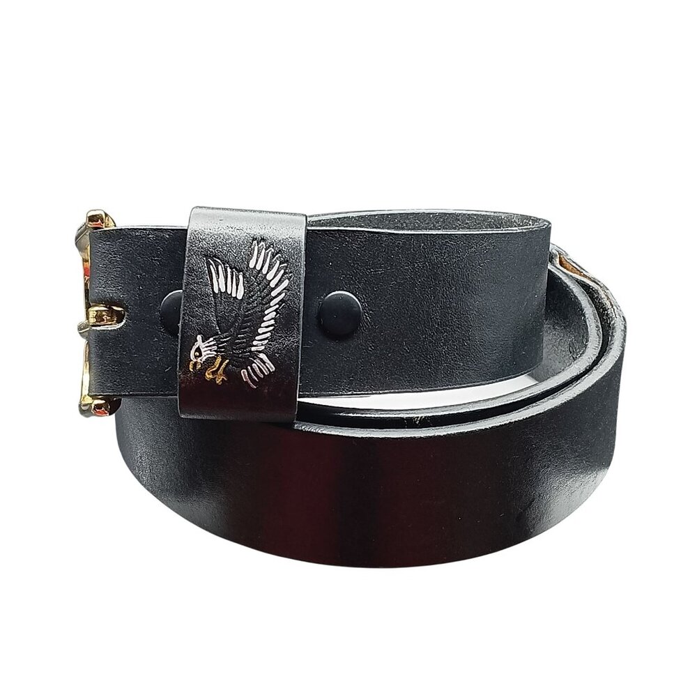Vintage Black Leather Belt with Gold Buckle & Stamped and Painted Eagle Design
